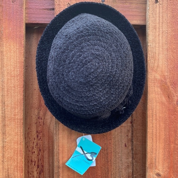 Black Crochet Cloche Hat with Floral Accent